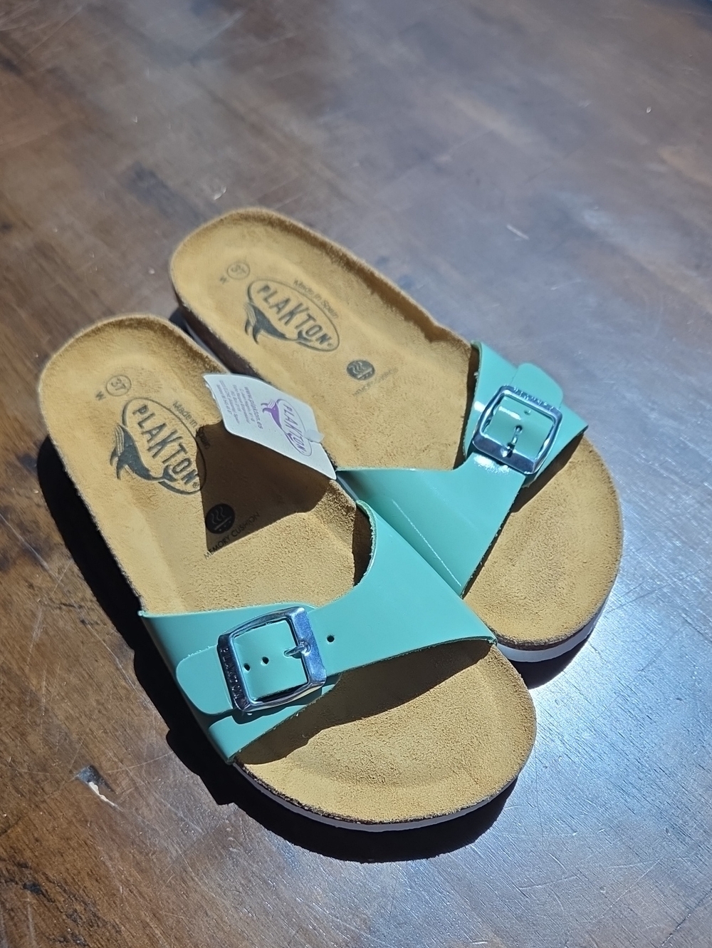Plakton Size 6 Women's Mint Green Buckle Leather Slides NEW